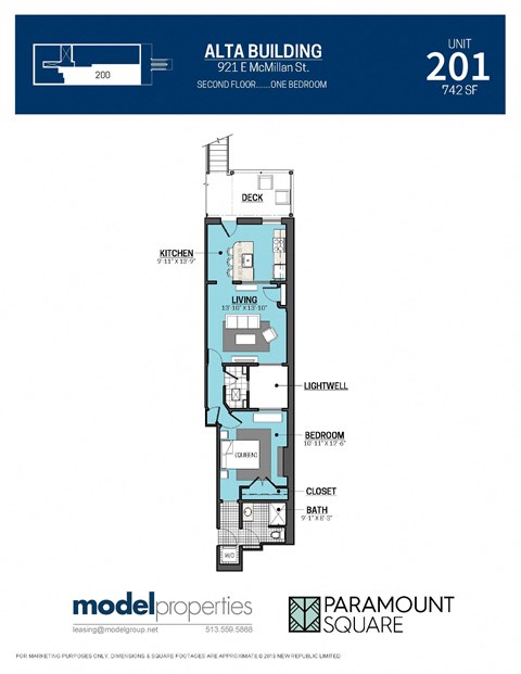 Floor plan for 1 bed, 1 bath, 742 sqft